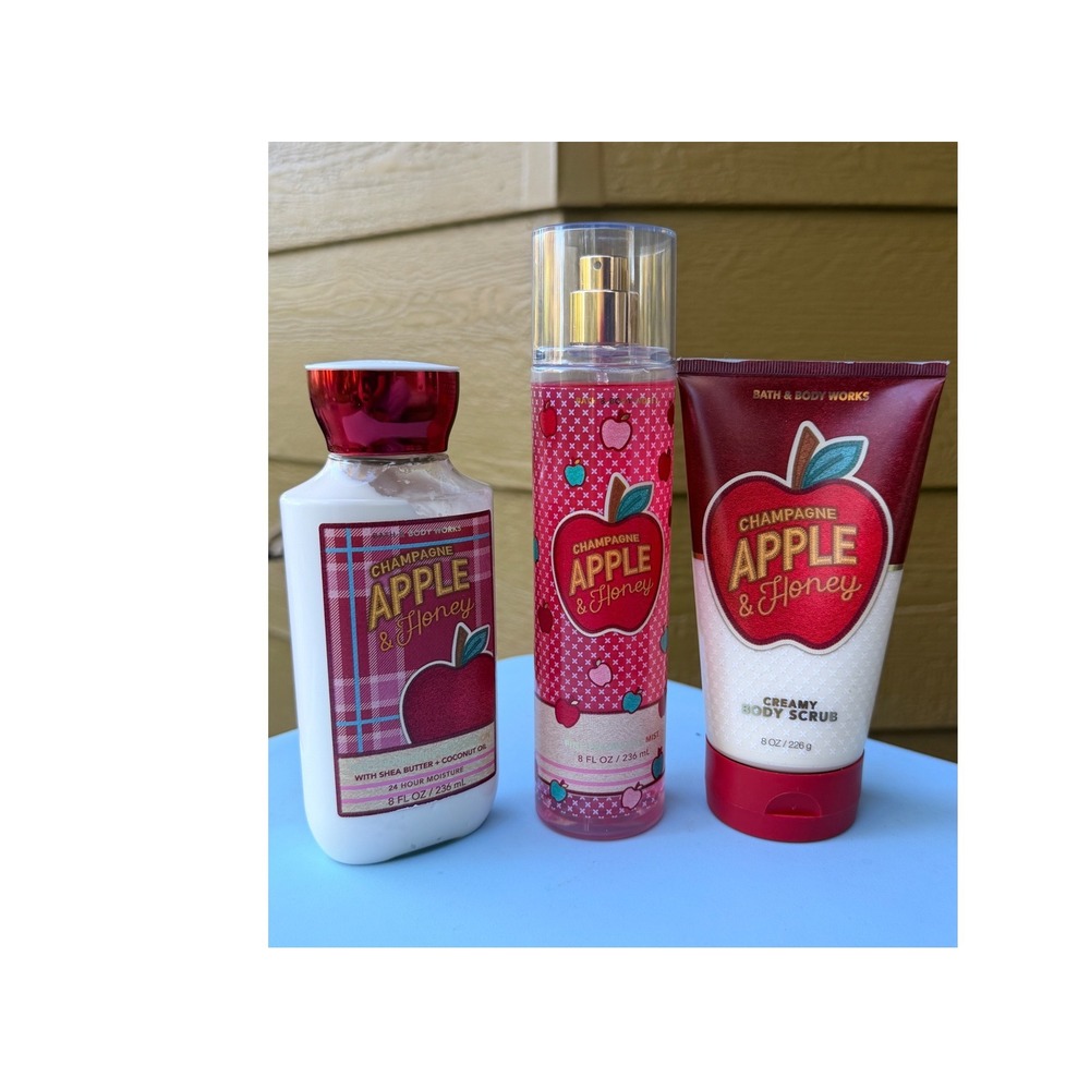 Bath Body Works Champagne Apple Honey 3pc Set lotion fragrance mist body scrub